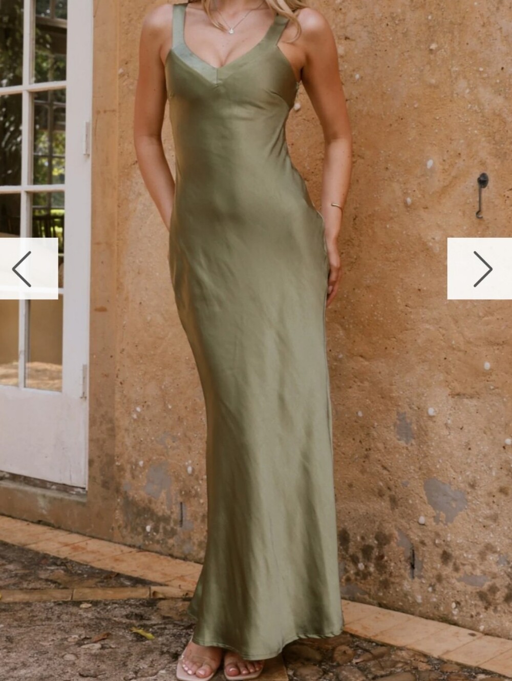 Billy J Andie NWT Maxi Dress Olive Green Satin V-Neck Size US4 EU36